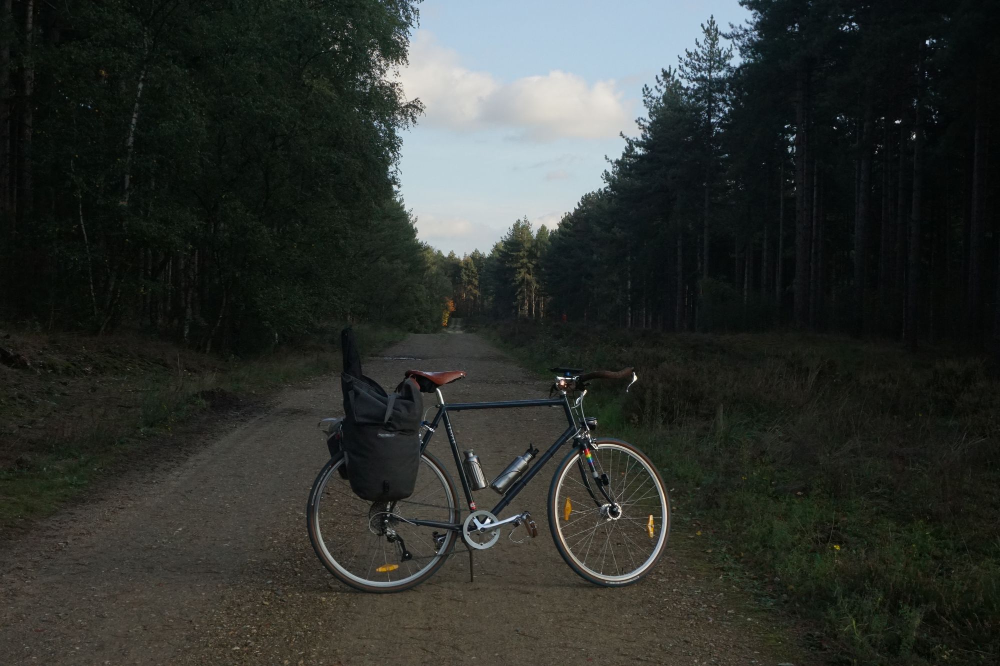 Jonathan's touring bicycle on a deserted tree-lined road with an unsealed (gravel) surface