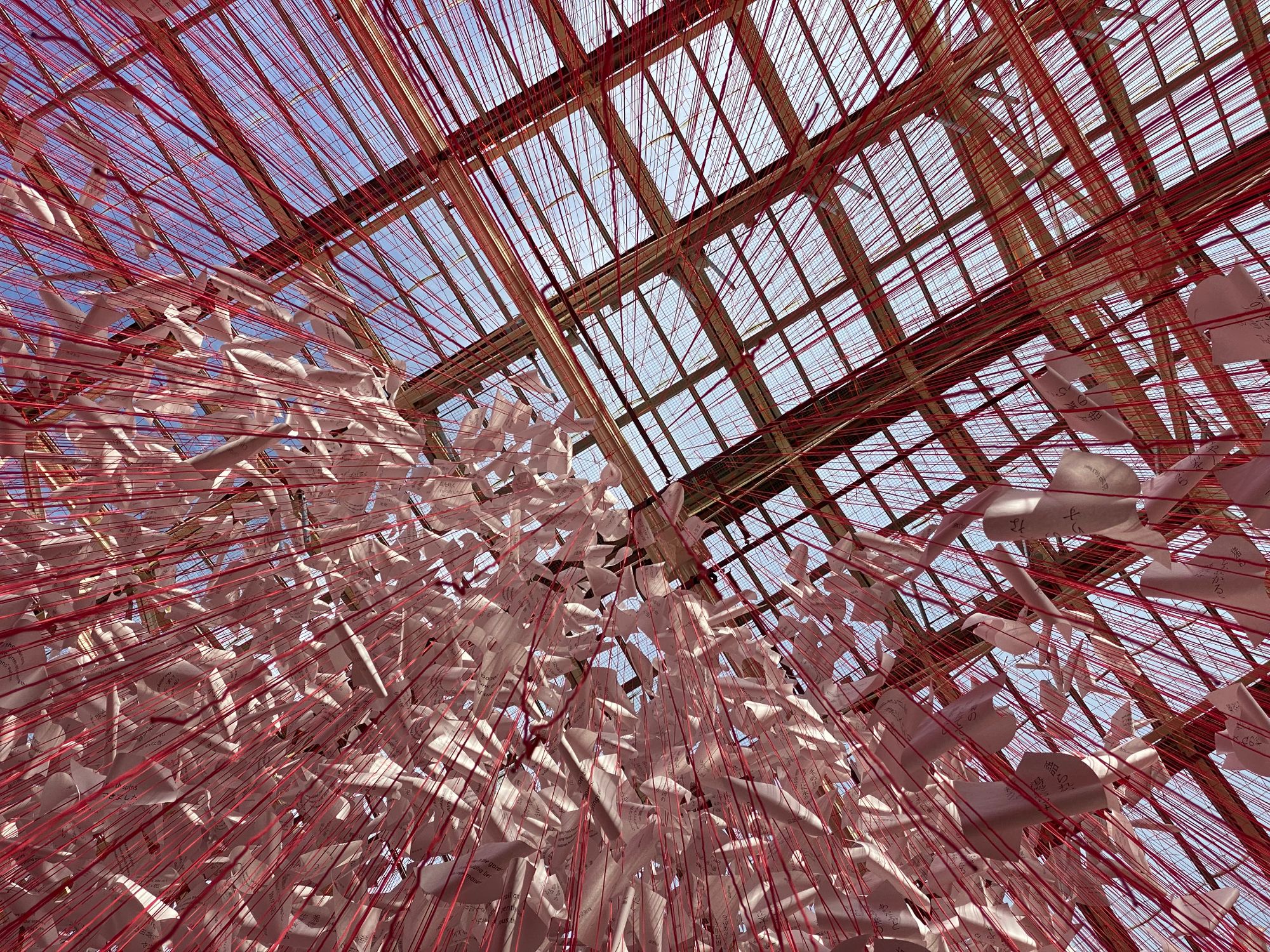 Looking up in a glasshouse. Folded paper messages hang from red strings causing a 'rain' effect.