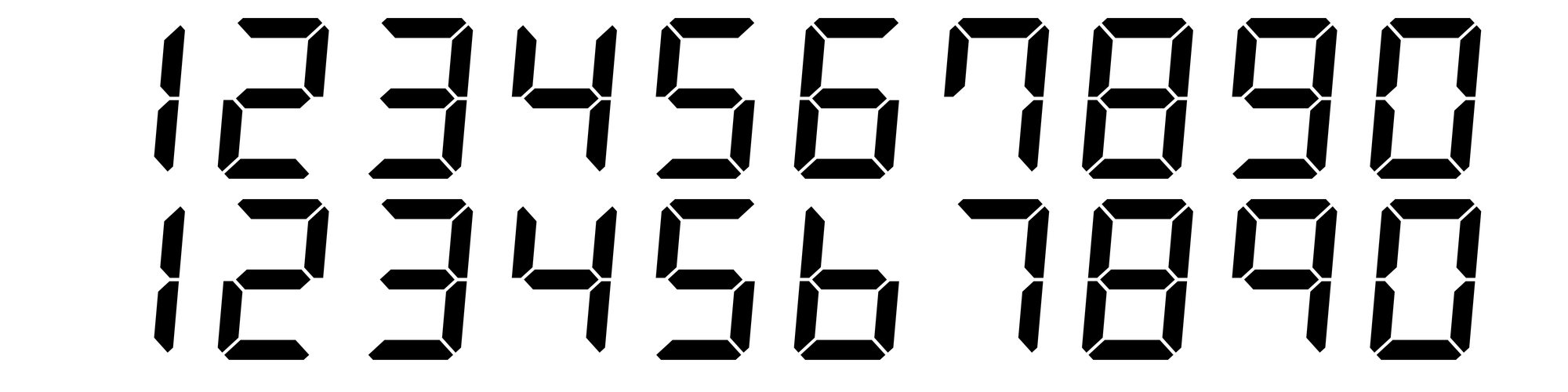 Two rows of the digits 1 to 0 in a seven-segment style typeface. The top row has the top segment on the 6, a serif on the 7, and the bottom segment on the 9, which have been taken out on the lower version.