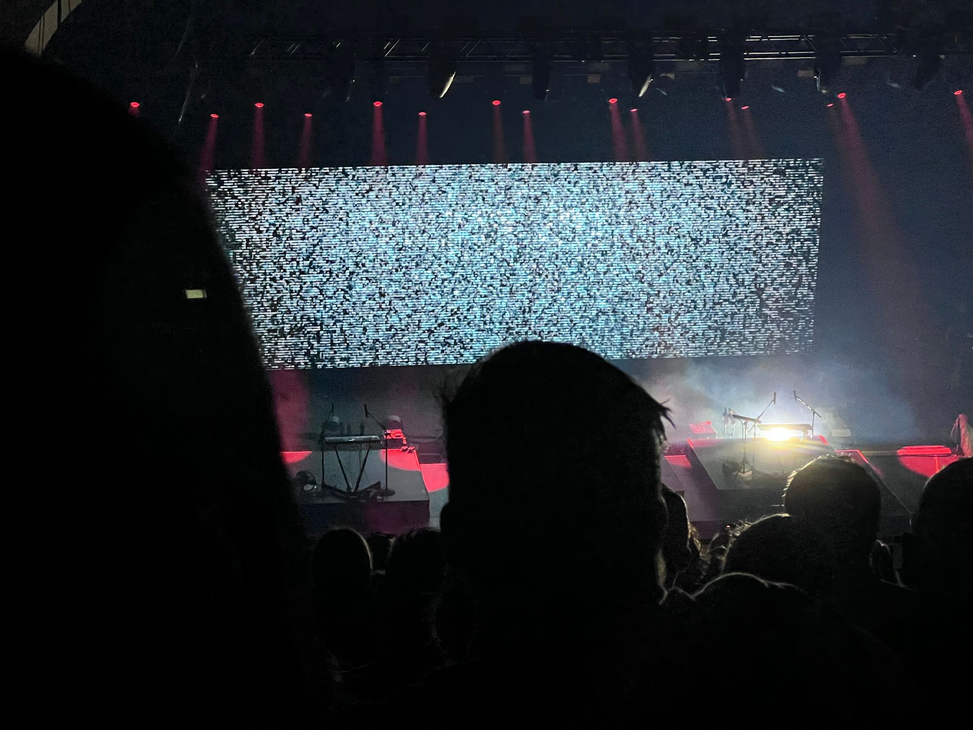 A stage with a big screen through a crowd. The screen displays a distorted white noise pattern.