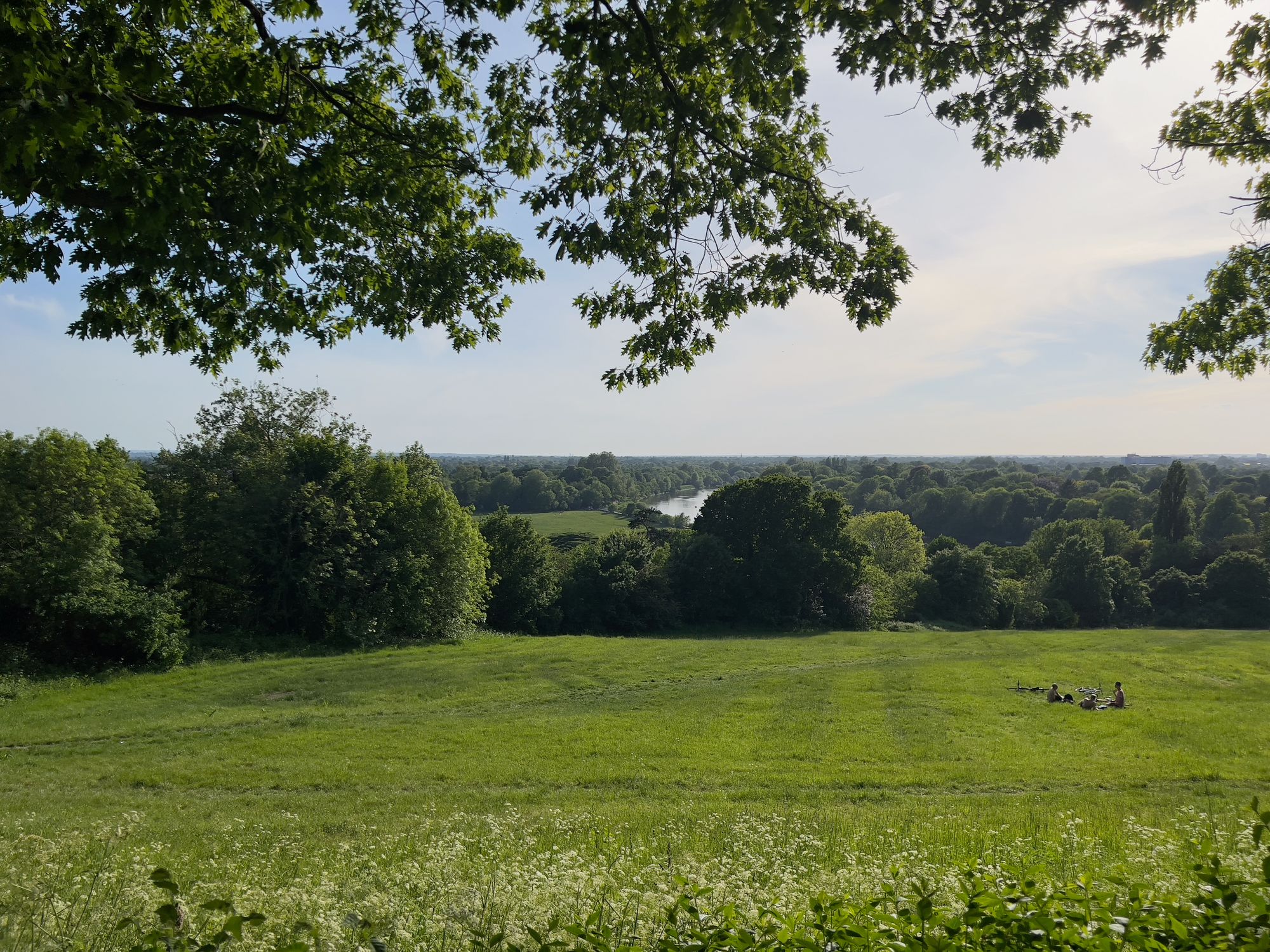 View over fields and trees including a bend of the River Thames. Three men sit on the grass enjoying a picnic with their bicycles on the ground beside them.