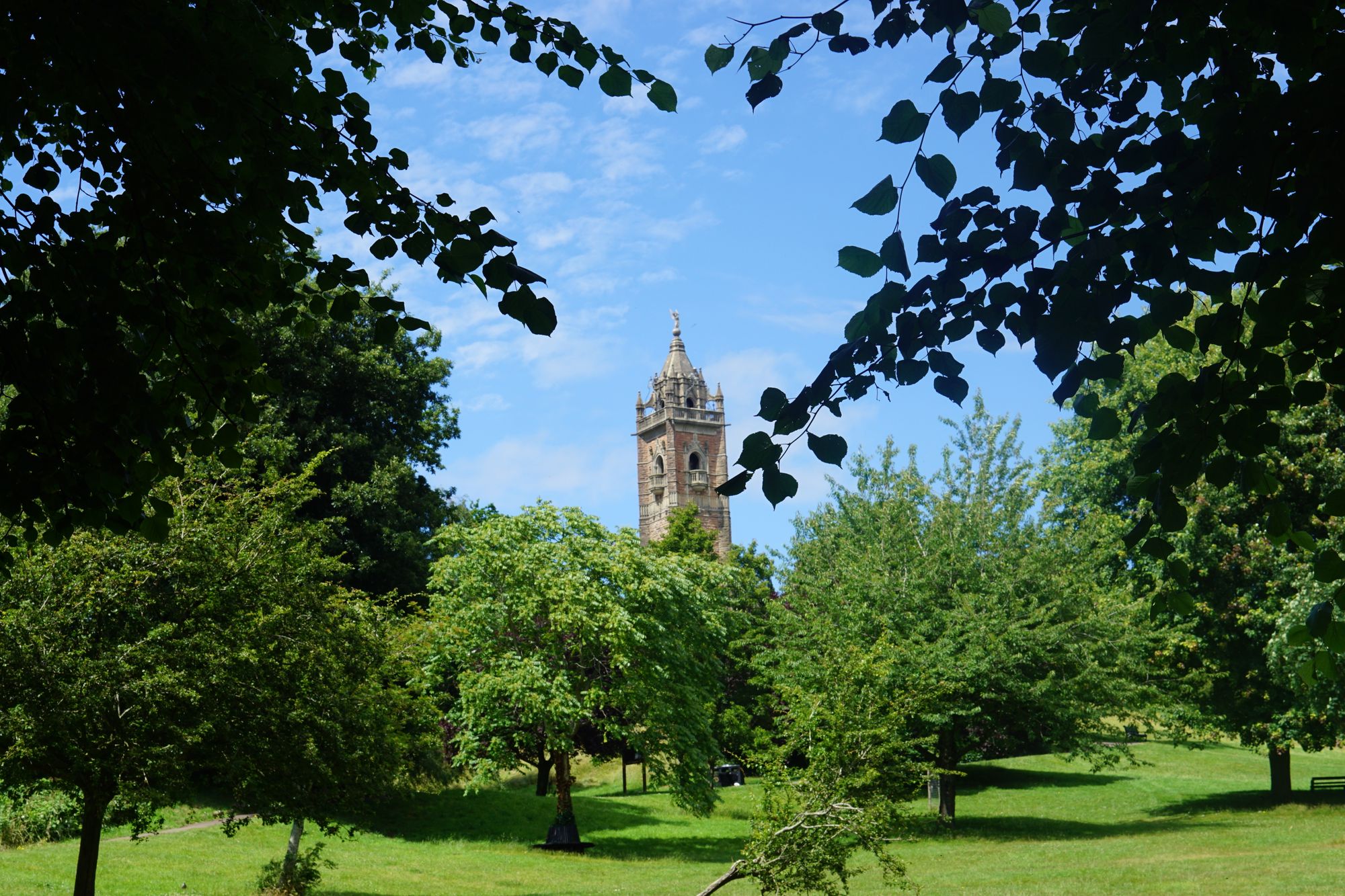 A tower on a hill surrounded by nearby foliage.
