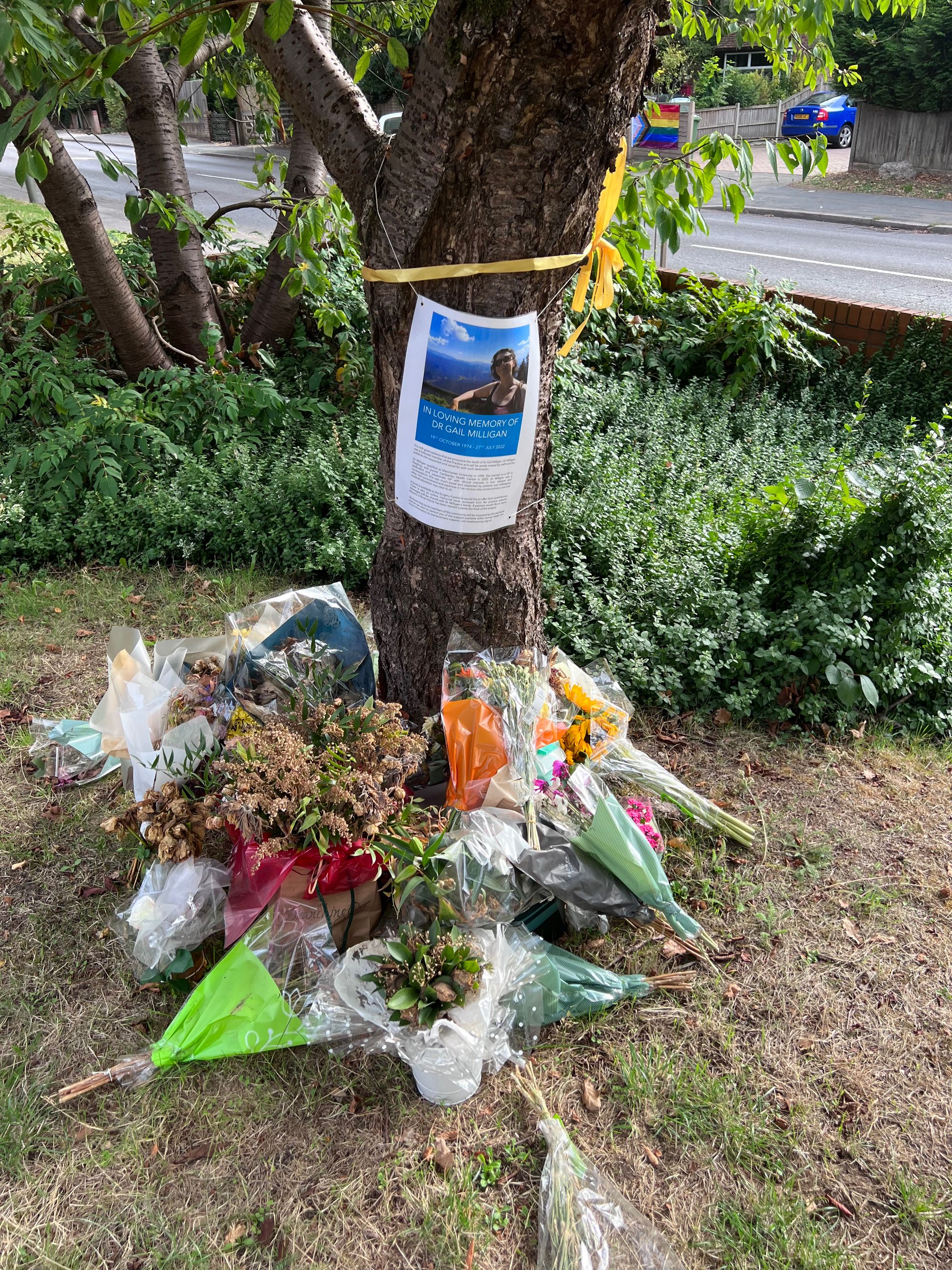 floral tributes left by a tree with a yellow band around it and a picture and notice reading “In loving memory of Dr. Gail Milligan.”
