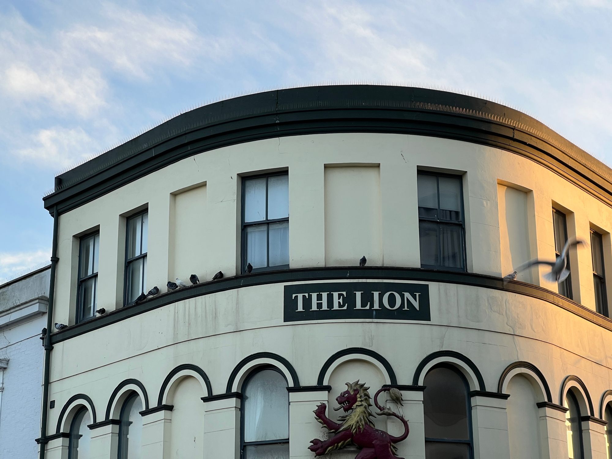 A curved corner building—a pub named THE LION, with light yellow rendering and black arches and eaves, with a lion sculpture above the door—stands at sunset with a warm glow to the right. Pigeons rest on the windowsills. A seagull flies in front.
