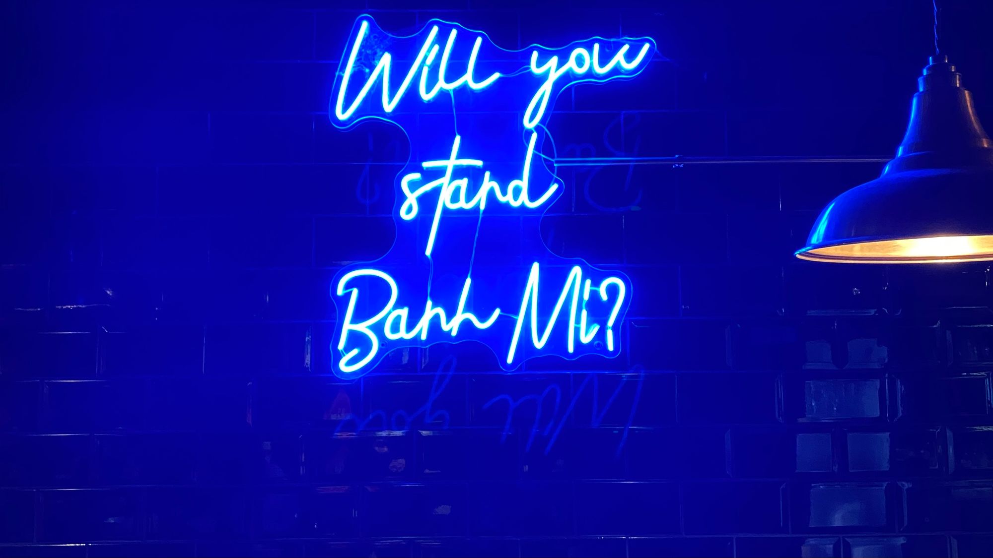 A neon sign on a tiled wall reads "Will you stand Bánh Mì?"