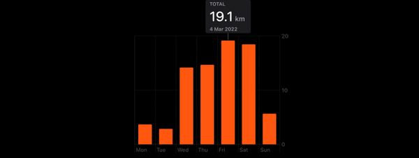A bar graph of daily walking distance showing a peak on Weds to Sat (19.1km on Fri 4 Mar.)