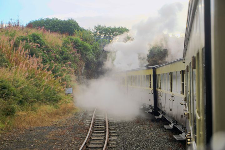 View from the window of a steam train towards the front. The locomotive is hidden by a cloud of steam.