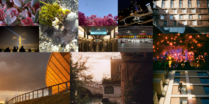 A collage of nine photos of plants, the Eiffel Tower, bridges in Venice, and architecture with interesting light