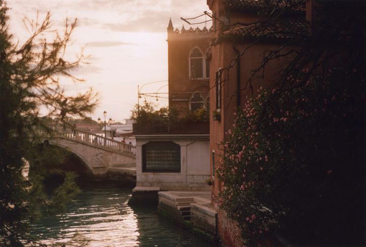 Arched bridge over a canal with a tree left and terracotta coloured buildings (plus creeping plant with pink flowers) right