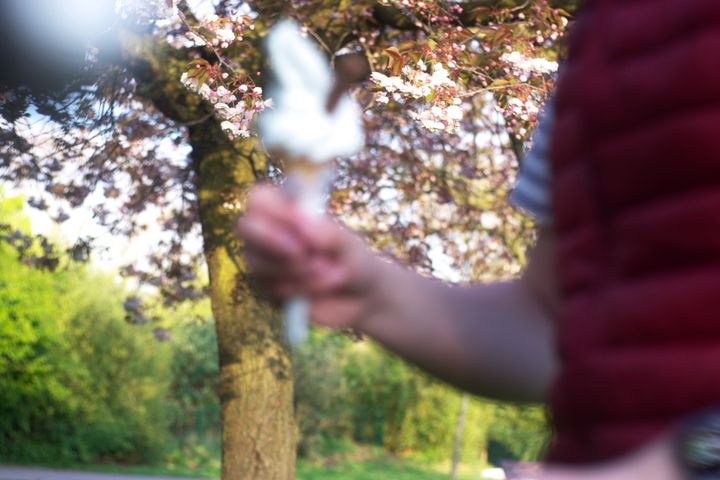 Unfocused, accidental photo of me in a t-shirt and red gilet holding an ice cream, with a tree in blossom in the background